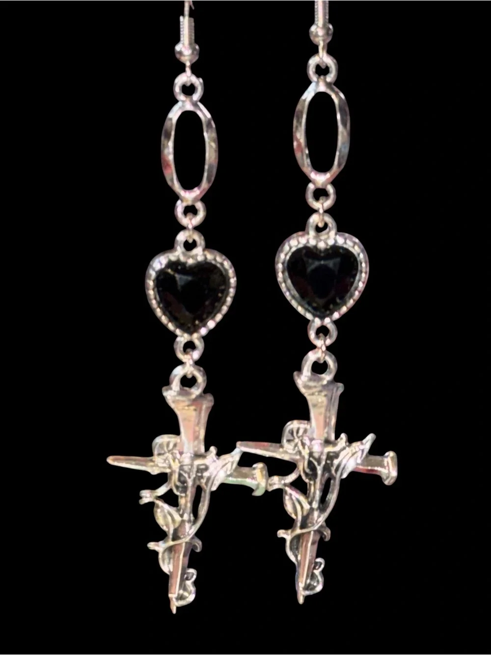 Handmade Silver-Tone Black Heart Cross Drop Earrings